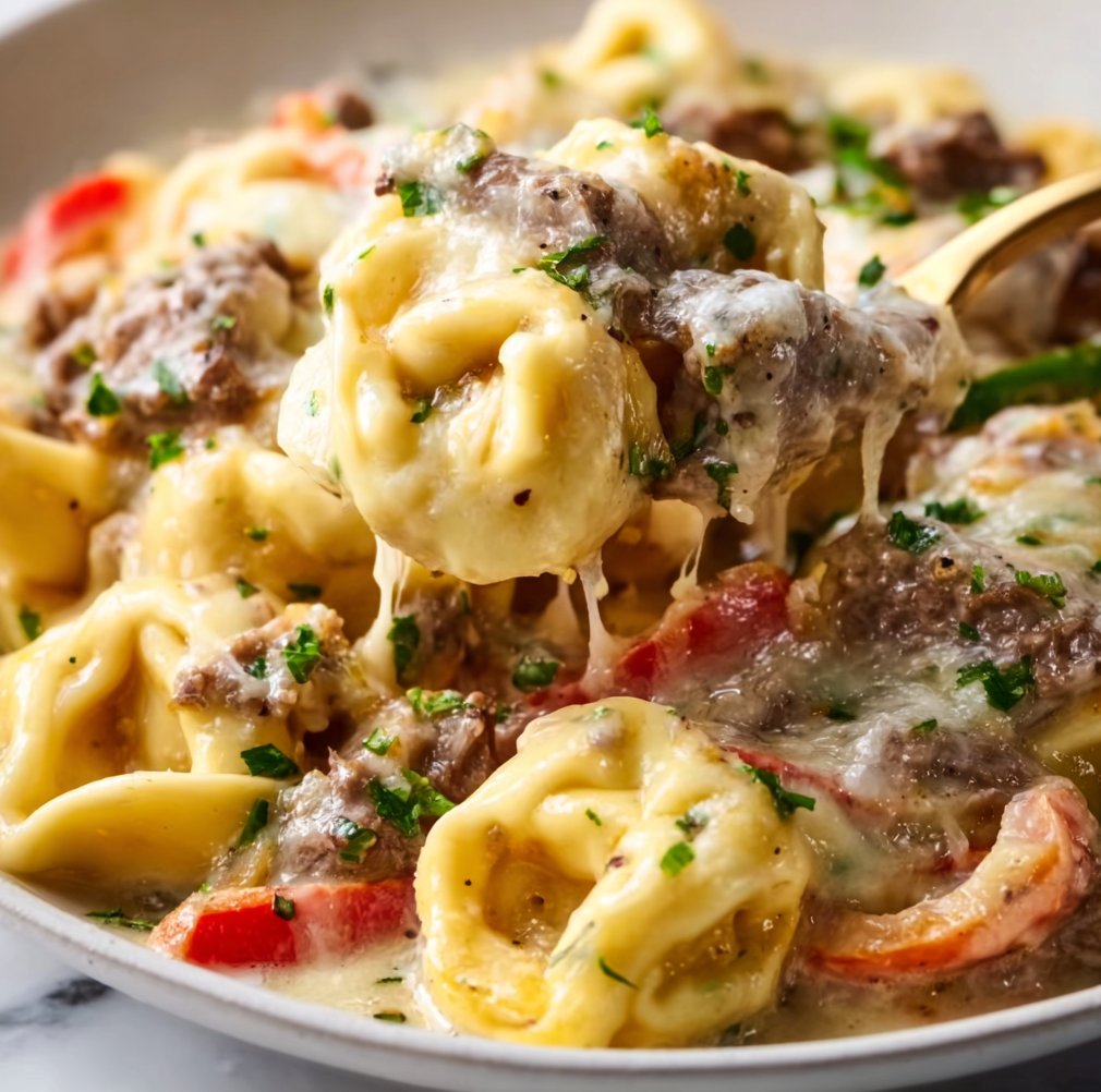 Easy Crock Pot Cheesesteak Tortellini Recipe | Slow Cooker Comfort Meal
