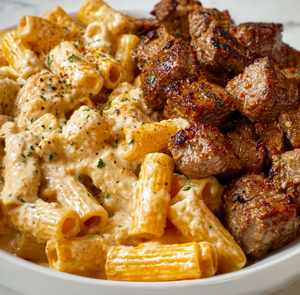 Cajun Steak Tips in Cheesy Rigatoni Parmesan Sauce – Easy & Delicious Dinner Recipe