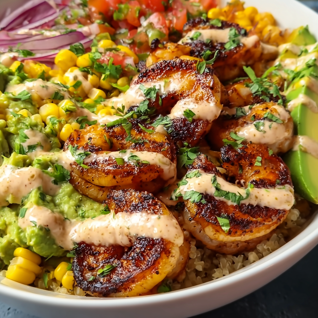Grilled Shrimp Bowl with Avocado Corn Salsa & Creamy Sauce | Healthy & Delicious Recipe